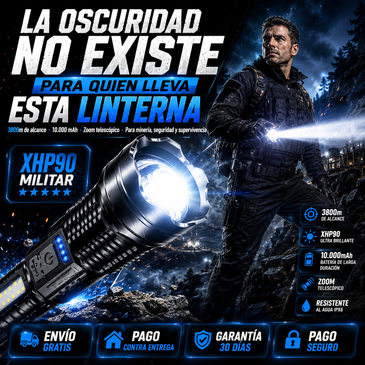 Linterna Militar XHP90 | 3800 Metros · Batería 10.000 mAh · La Más Potente del Mercado