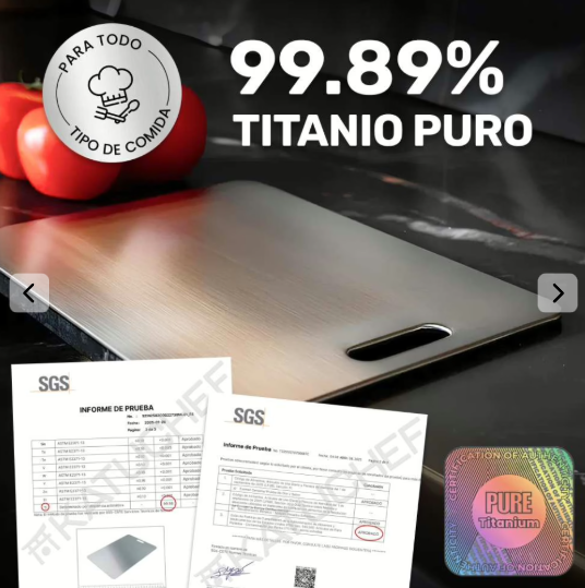 Tabla de cortar de titanio 100% puro: No más microplásticos, bacterias ni cuchillos romos