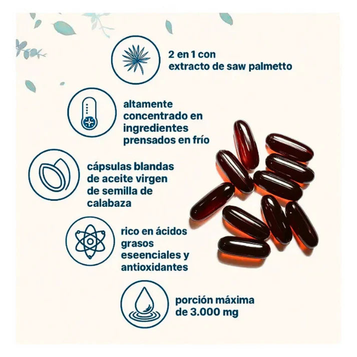 CAPSULAS DE ACEITE DE SEMILLA DE CALABAZA® Promueve el crecimiento capilar y Alivia la próstata