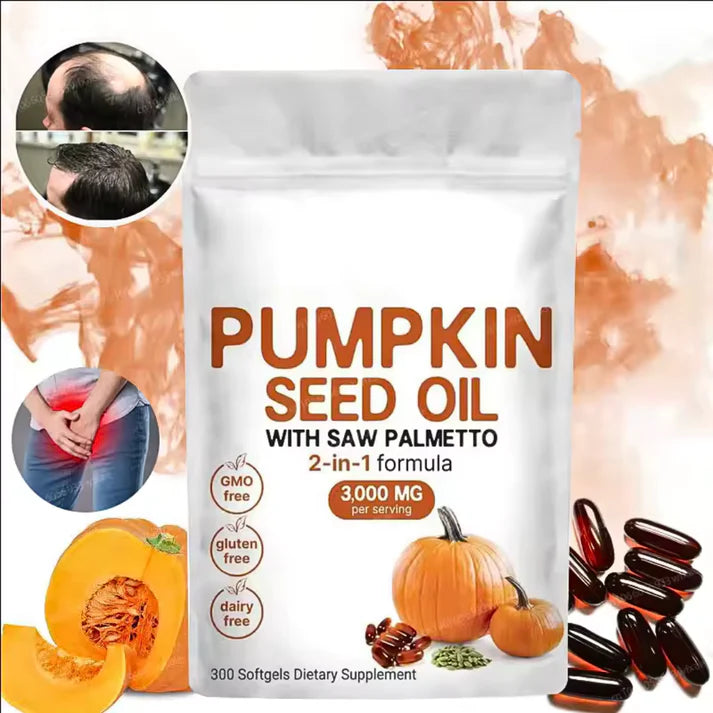 CAPSULAS DE ACEITE DE SEMILLA DE CALABAZA® Promueve el crecimiento capilar y Alivia la próstata