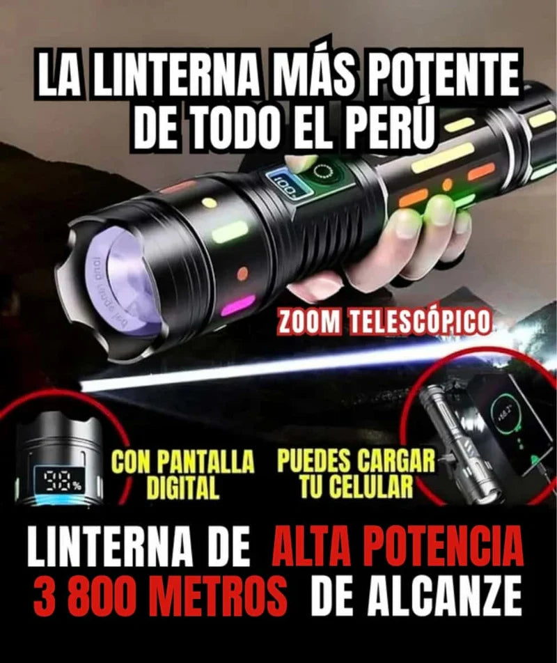 Linterna LED Super Luminosa con Zoom Telescópico de Hasta 3800 Metros Alcance.