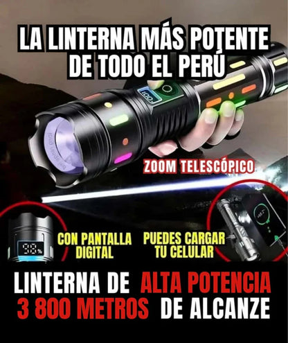 Linterna LED Super Luminosa con Zoom Telescópico de Hasta 3800 Metros Alcance.