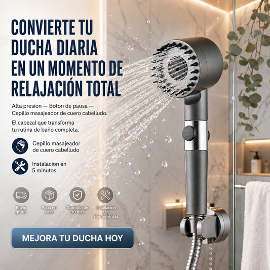 Cabezal Ducha Alta Presion — Boton Pausa, Cepillo Masajeador y Ahorro de Agua en Un Solo Accesorio
