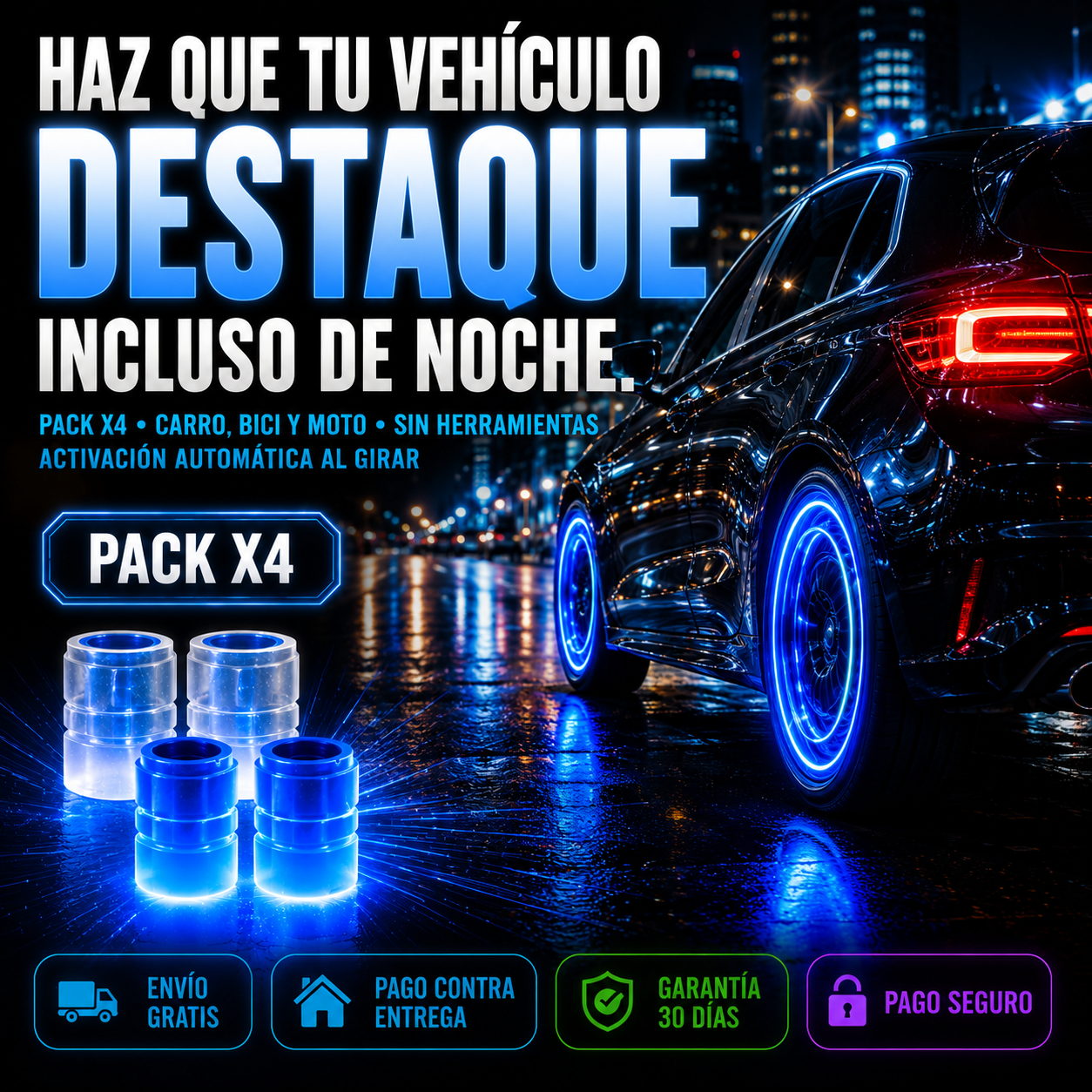 NightRide LED Pack x4 Válvulas Luminosas | Estilo y Visibilidad Nocturna para tu Rueda