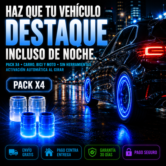 NightRide LED Pack x4 Válvulas Luminosas | Estilo y Visibilidad Nocturna para tu Rueda