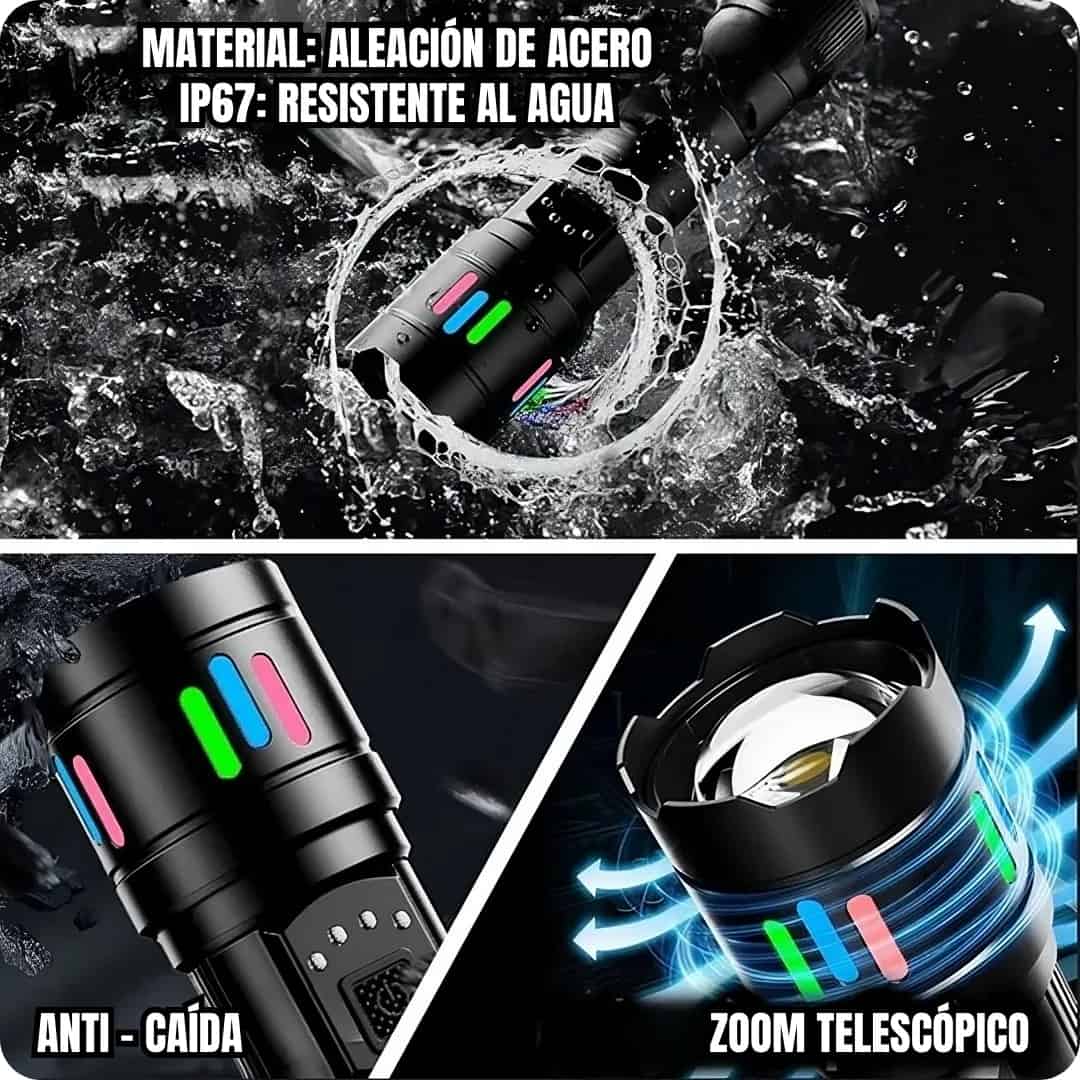 Linterna LED Super Luminosa con Zoom Telescópico de Hasta 3800 Metros Alcance.
