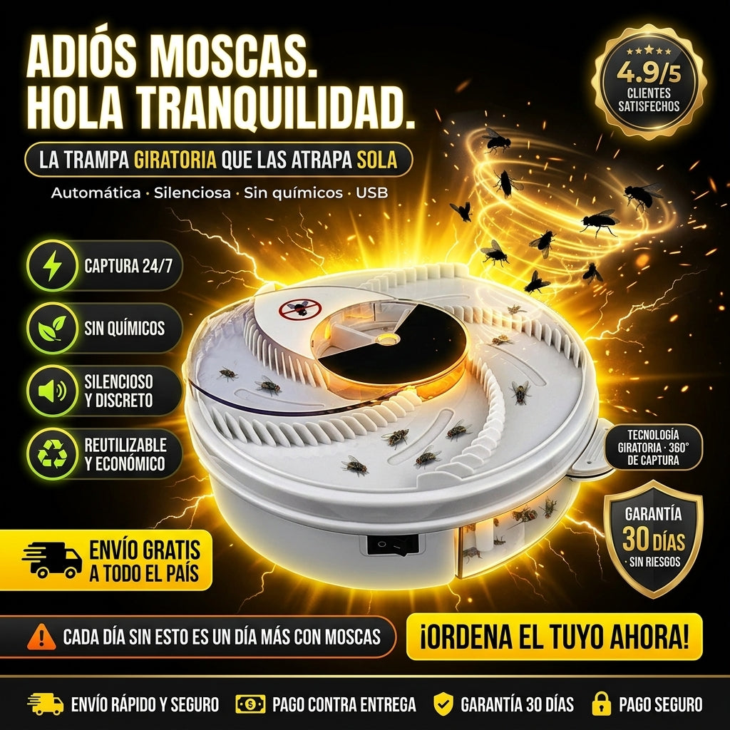 Atrapamoscas Eléctrico Giratorio | Elimina Moscas sin Químicos — Automático y Silencioso