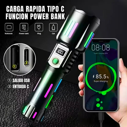 Linterna LED Super Luminosa con Zoom Telescópico de Hasta 3800 Metros Alcance.